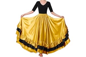 Backgarden Women Black Red Layers Satin Long Skirt for Spanish Flamenco Belly Dance Mexico Ballet Folklorico Performance