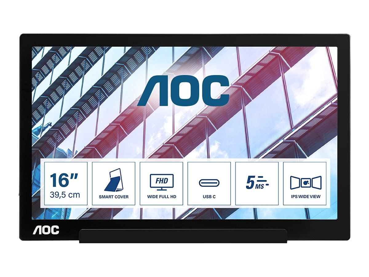 AOC i1601P - 16 Inch Portable monitor, FHD, USB-C, 60Hz, Smart Cover, Auto Pivoit, Ultra Light
