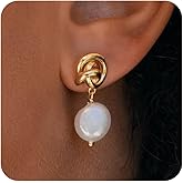 TOBENY Pearl Earrings for Women Trendy Dainty 14K Gold Plated Pearl Dangle Earrings Statement White Pearl Drop Earrings Dangling Bridal Wedding Huggie Hoop Earrings for Women Gifts Jewelry