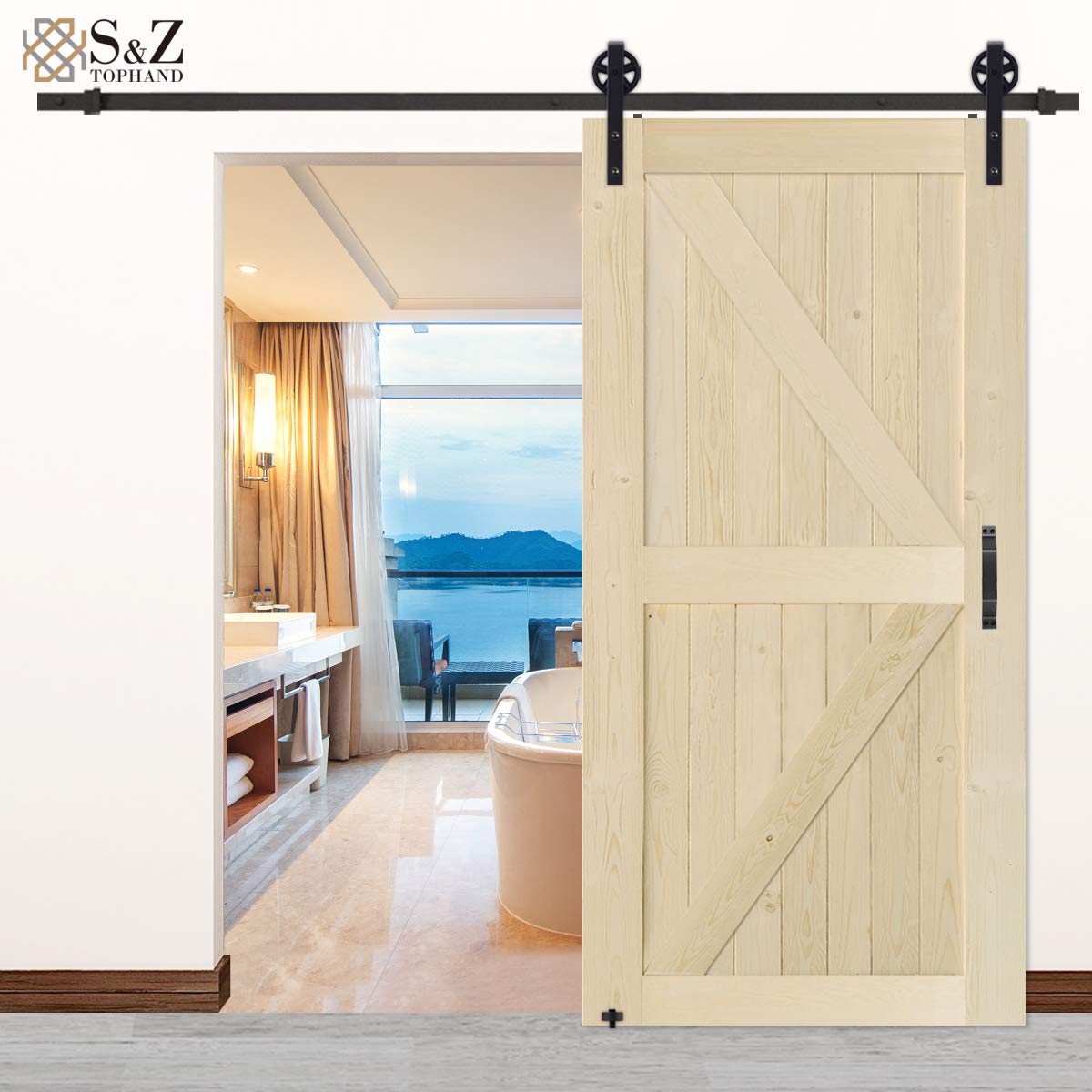 Fredbeck 42 in. x 84 in. Natural Spruce Barn Door with 8FT Sliding Door Hardware Kit/Solid Wood/Sliding Door/Double Surfaces/A Simple Assembly is Required (42, Door+ Big Wheel)