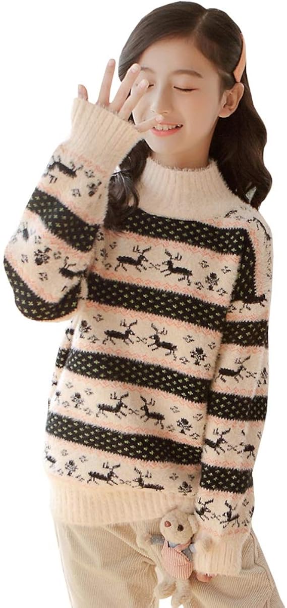 Amazon 実りの秋 セーター 女の子 ハイネック シカ柄 クリスマス風 ニット カットソー ガールズ キッズ 子供 冬 柔らか かわいい 暖かい 保温性 おしゃれ 女児 通学 トップス セーター 通販