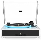 Record Player with Built-in Four Stereo Speakers, Three LED Lighting Modes, AT-3600L Cartridge, All-in-one Vinyl Record Player Support Bluetooth Playback Auto Stop 33&45 RPM Speed RCA Out AUX in White