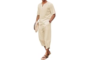 COOFANDY Men's 2 Pieces Linen Set Henley Shirt Short Sleeve and Harem Capri Pants Wide Leg Baggy Beach Yoga Trousers Outfits