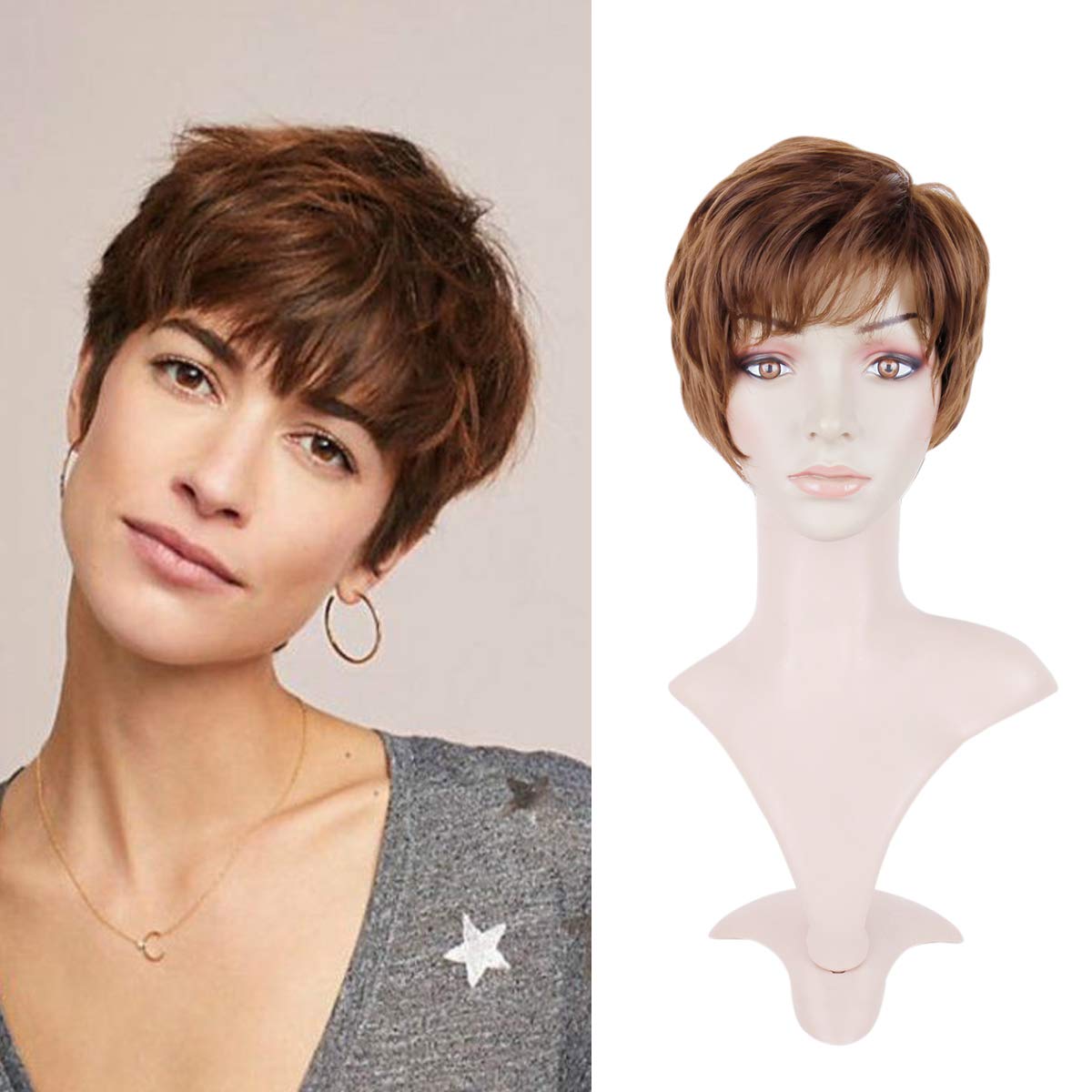 Creamily Women Auburn Brown Short Layered Wig with Bangs Pixie Cut Synthetic Full Replacement Hair Heat Resistant Cosplay Costume Party Wigs with Cap