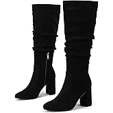 Eteridrey Black Knee High Boots for Women Suede Tall Boots Pointed Toe Slouchy Heel Fall Boot