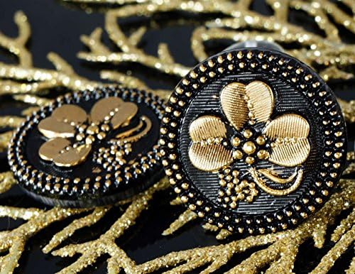 1pc Handmade Czech Glass Button Large Gold Shamrock St Patrick Day Flower Black Luck Trefoil Size 12, 27mm
