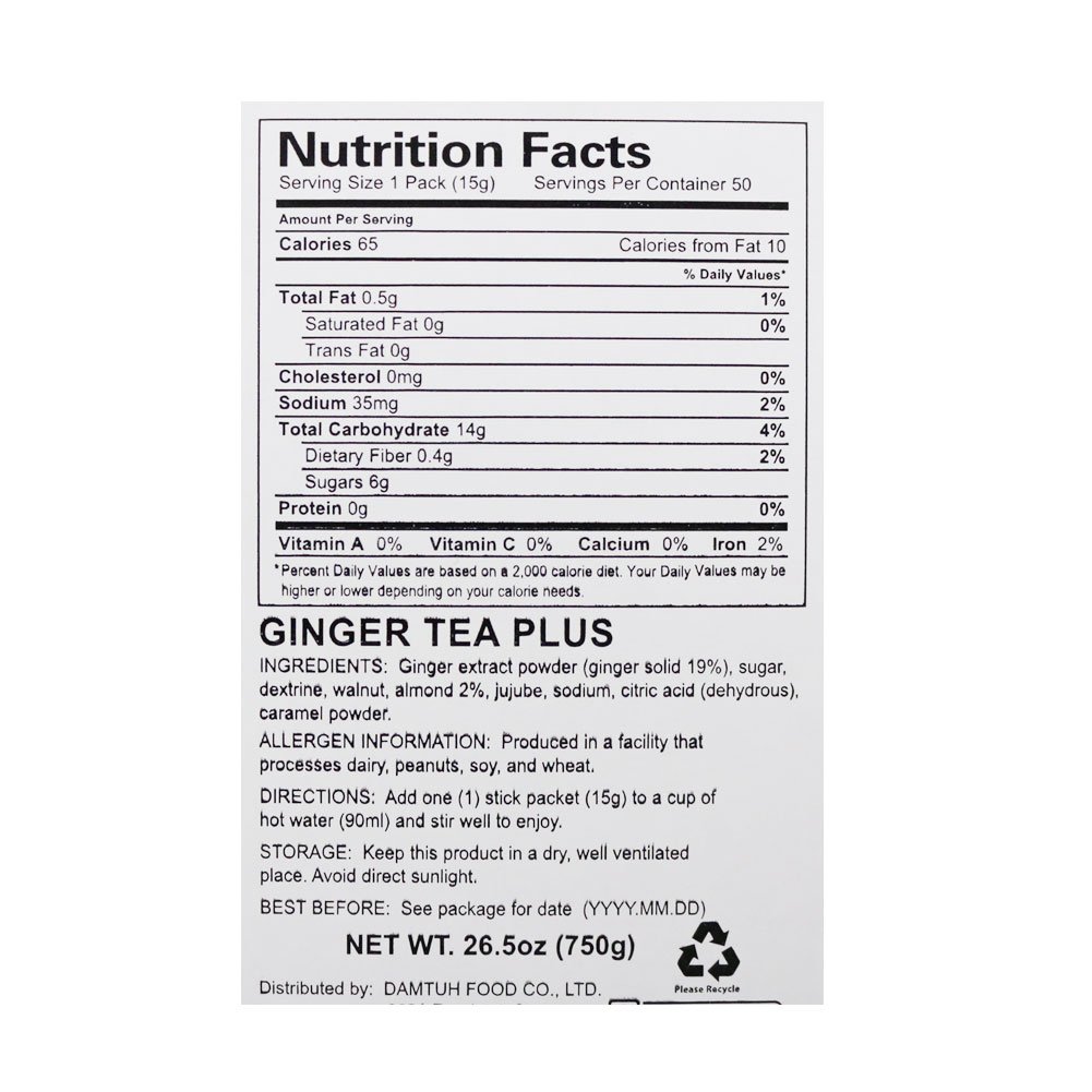 DAMTUH Korean Traditional Tea Premium Ginger Tea Plus, Ginger Powder, Herbal Supplement Healthy Ginger Tea, 50 Sticks : Grocery & Gourmet Food