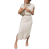 JuJuny Sweater Dress for Women Sleeveless Pullover Sweaters Ribbed Knit Midi Dress with Side Slit Fall Winter Wear