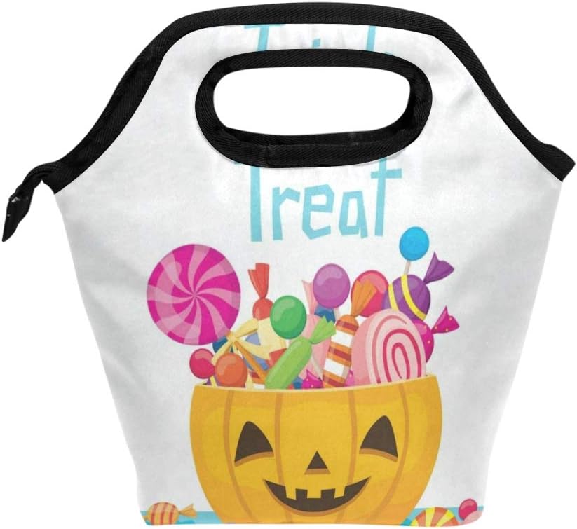 Happy Halloween Pumpkin Trick Or Treat Insulated Lunch Bag Box Cooler Reusable Tote Bag Outdoor Travel Picnic With Shoulder Strap for Adults or Kids.