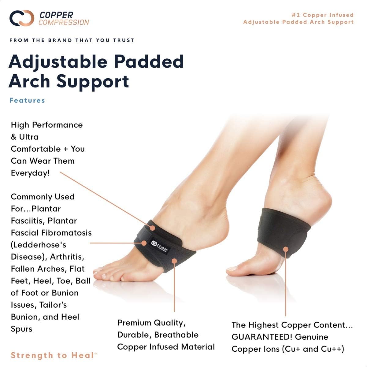 Copper Compression Adjustable Padded Arch Support - 2 Plantar Fasciitis Sleeves. Guaranteed Highest Copper Arch Supports. Planter Fasciitis Support Braces Foot Care Feet (Adjustable Padded Support): Health & Personal Care