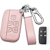 SANRILY Pink Leather Key Fob Cover for Land Rover Discovery Sport Land Rover LR2 LR4 Freelander,Jaguar XF XJ XE F-PACE F-Type Keyless Full Protector Smart Key Case Shell with Keychain