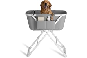 DISHUP Portable Dog Bathing Station, Elevated Collapsible Dog Shower Tub with Side Pocket,Pet Foldable Bathtub for Home-Grooming and Pet Showering, 5-Level Adjustable Height, Grey