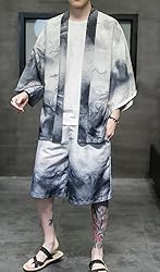 Ambcol Men's Japanese Style Kimono Tops Shorts Sets