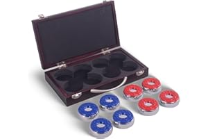 Hathaway Shuffleboard Pucks Set of 8 – Regulation Sized Shuffleboard Discs with Dimpled Top for Easy Grip & Beveled Edge for Better Control, & Sturdy Dark Cherry Wooden Case – Shuffleboard Accessories