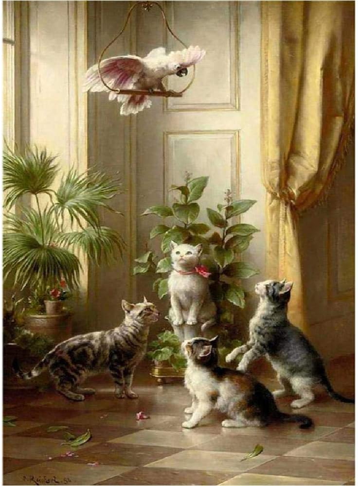 Jigsaw Puzzle 1000 Piece 4 Kittens and Parrots Playing Art Paintings