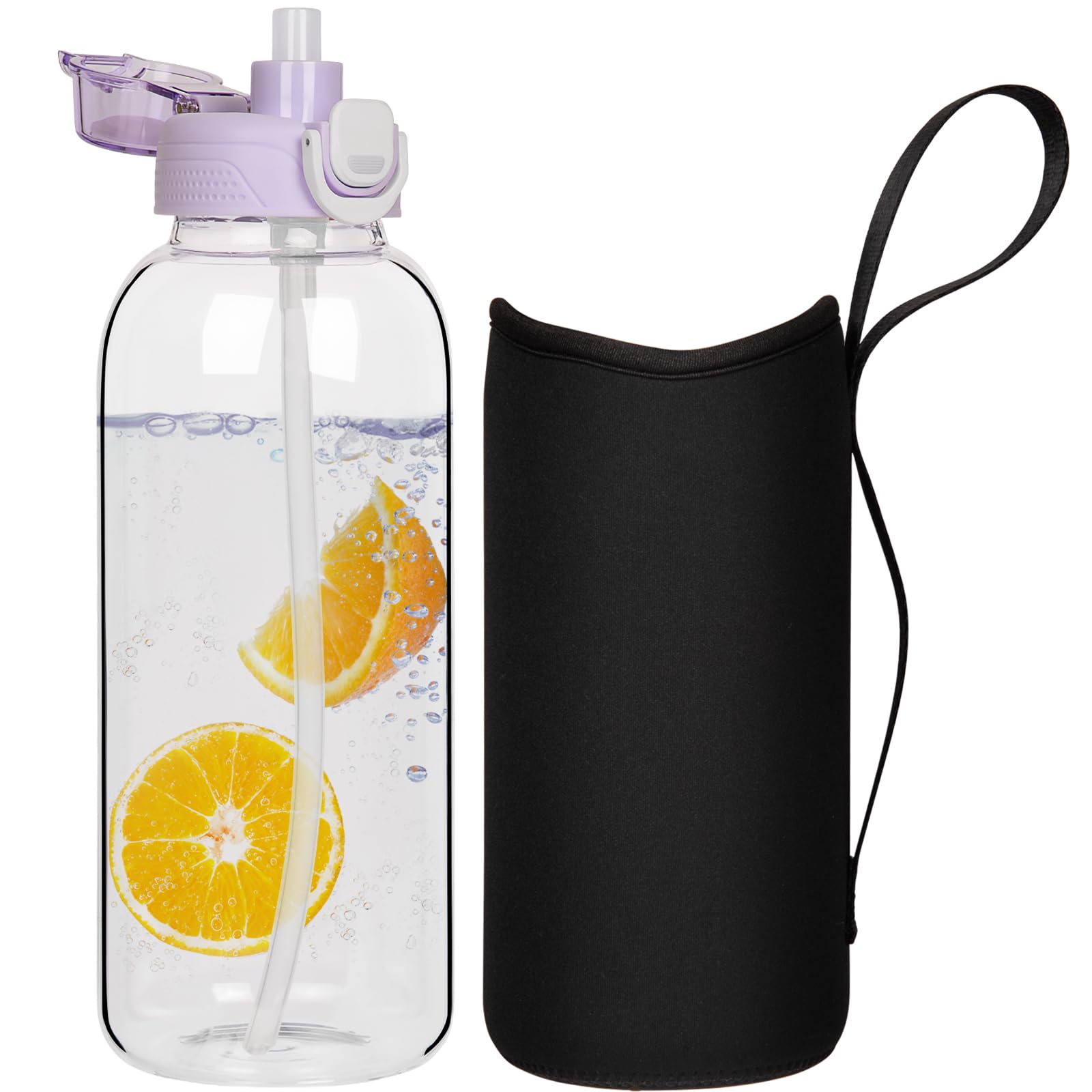 DEARRAY 1.5l Glass Water Bottle with Straw & Neoprene Sleeve 1.5 litre BPA free Large Glass Drinking Bottle Leakproof