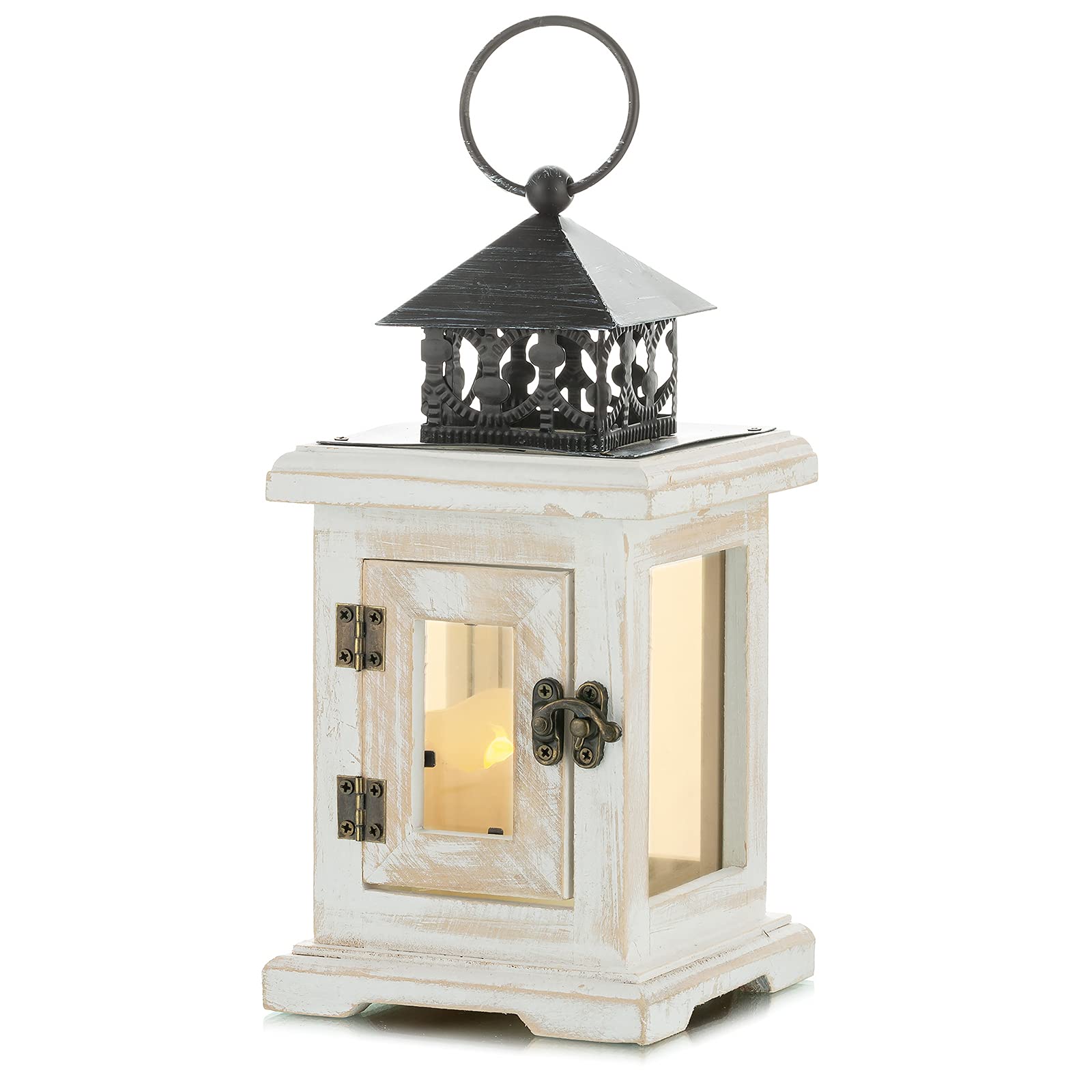 Romadedi Decorative Candle lantern Rustic - Distressed Wooden Vintage Candle Holder Hanging/Tabletop Lantern Metal & Glass for Indoor Outdoor Home Decor Party Weddings