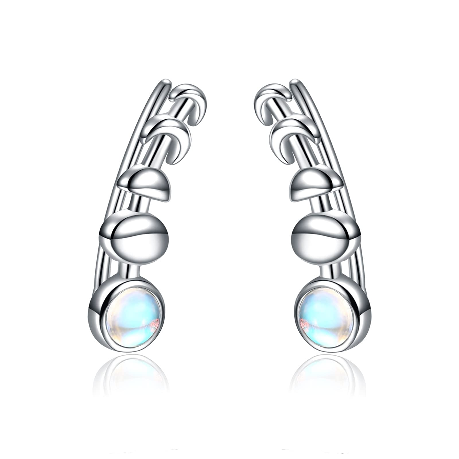 925 Sterling Silver Moon Phase Ear Crawler Cuff Earrings Ear Climber Hypoallergenic Earrings (Moonstone Moon Phase)
