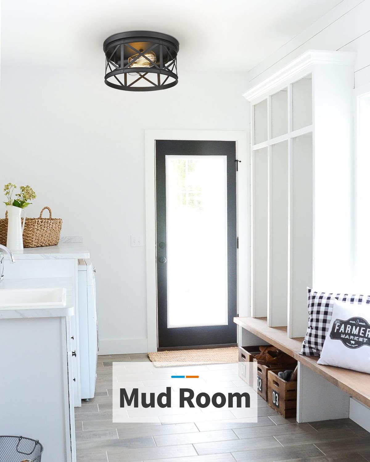 FEMILA Flush Mount Ceiling Light, 12inch Rustic Metal Cage Close to Ceiling Light Fixture for Hallway Stairway Kitchen Garage, Black Finish, 4FD19-F BK - - 