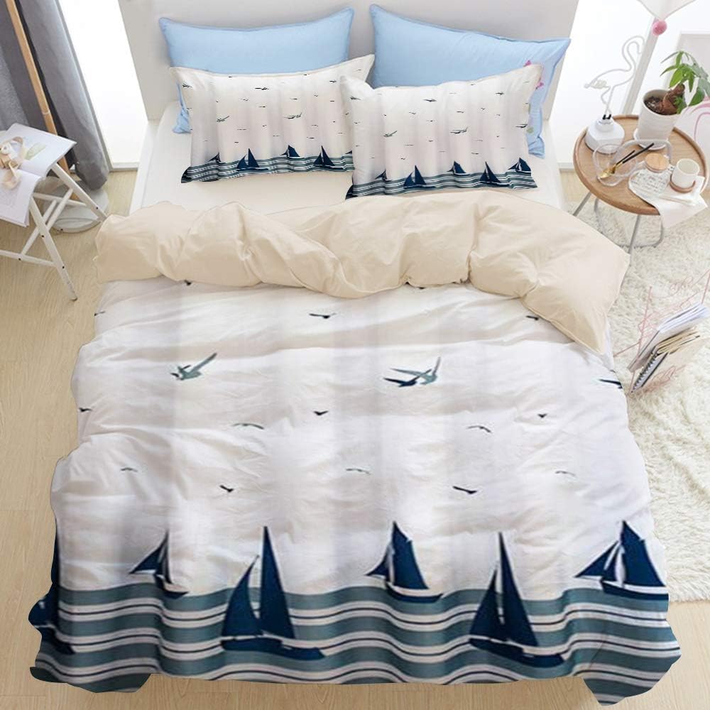 SURERUIM Decorative Duvet Cover Single Pieces Beach Theme Boat Print Bedding comforter Cover for Home Dorm Hotel Decor,Soft Microfiber,Reversible Beige Design