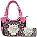 Embroidered Bible Verse 2 Corinthians 12:9 Purse Scripture Western Handbag Women Shoulder Bags Wallet Set (Black/Fuchsia)