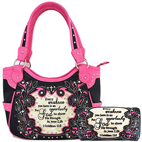 Embroidered Bible Verse 2 Corinthians 12:9 Purse Scripture Western Handbag Women Shoulder Bags Wallet Set (Black/Fuchsia)