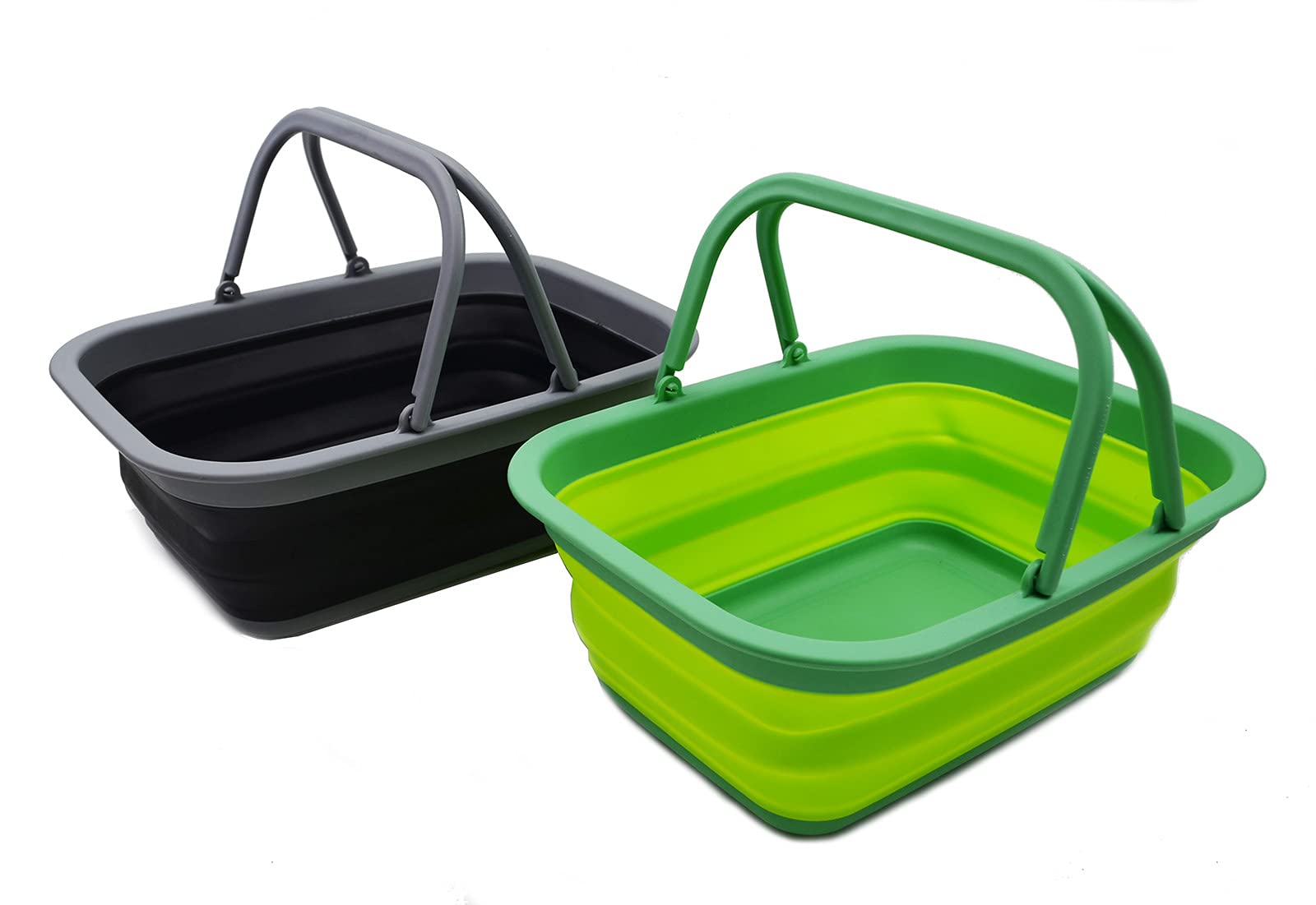 SAMMART 9.2L Collapsible Tub with Handle - Portable Outdoor Picnic Basket/Crater - Foldable Shopping Bag - Space Saving Storage Container (Fluorescent Green & Black, 2)