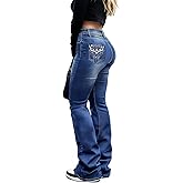 Cuyulitcik Plus Size High Rise Waisted Flare Jeans for Women Embroidered Jeans Boot Cut Jeans for Woman Trendy Wide Leg