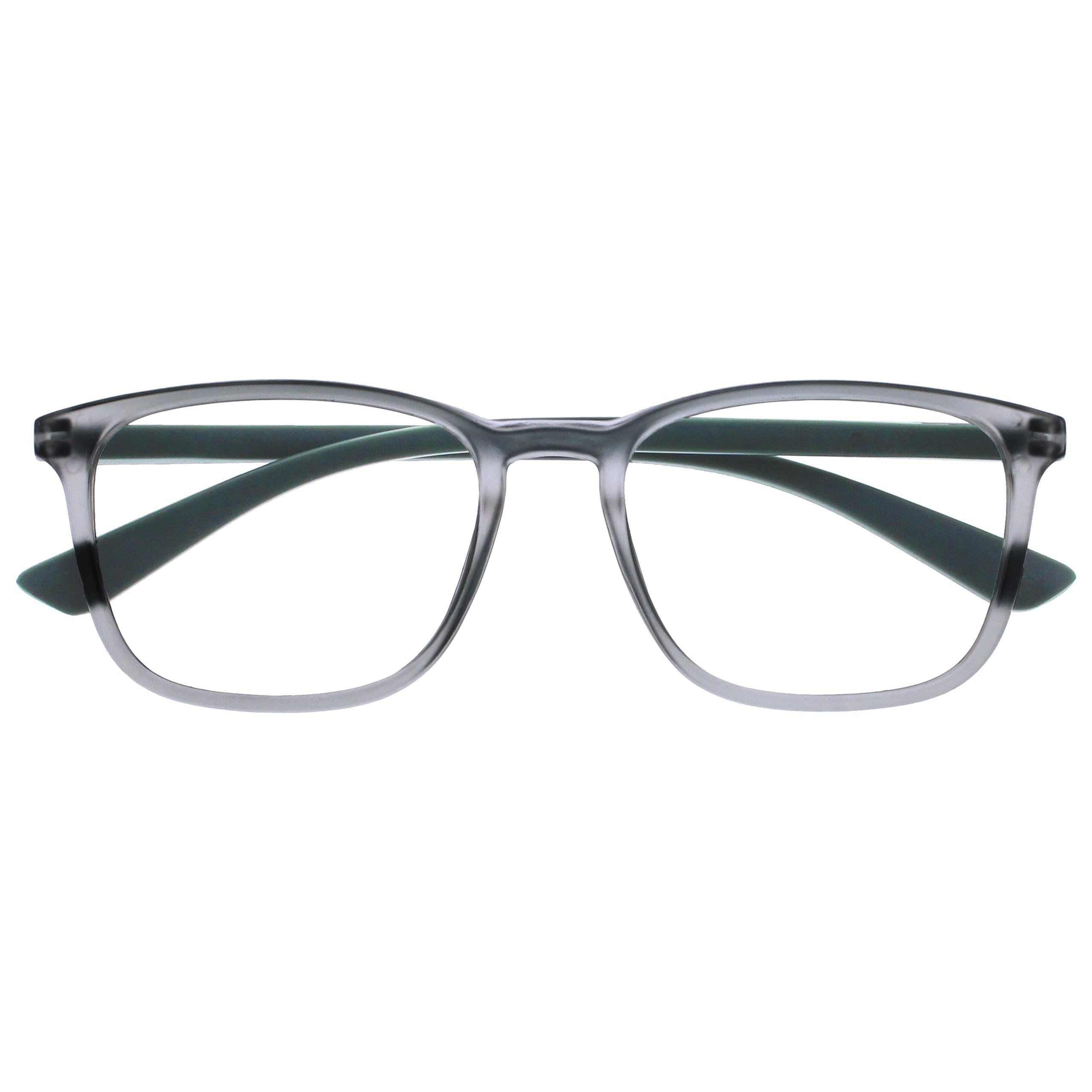 OPULIZE Max Reading Glasses - Classic Large Rectangular Frame - Matt Transparent Grey with Green Arms - Men's Women's Unisex - Spring Hinges - R78-7 - +2.50