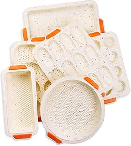 Meichu Muffin Pan Set Non-stick Bake Molds Silicone Bakeware Set of 6, 1 Silicone Muffin Pan 12 Cup, 1 Madeleine Pan 12 cup, 1 Baguette Pan 8 cup, 1 Toast Loaf Pan, 1 Round Cake Pan, 1 Square Cake Pan