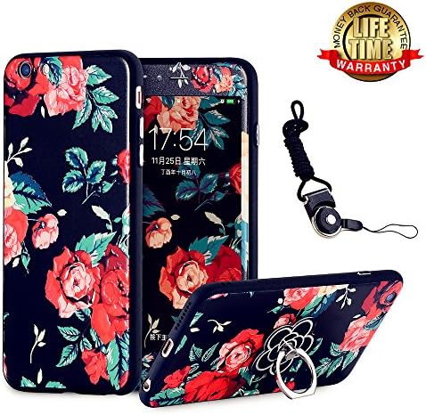 iPhone 7 Case, iPhone 8 Case Screen Protector Tempered Glass Film with Holder Ring Kickstand, 360 Full Body Nice Thin Hard Cartoon Rose Flower Cover Lanyard Shell Skin for iPhone 7/8 4.7"
