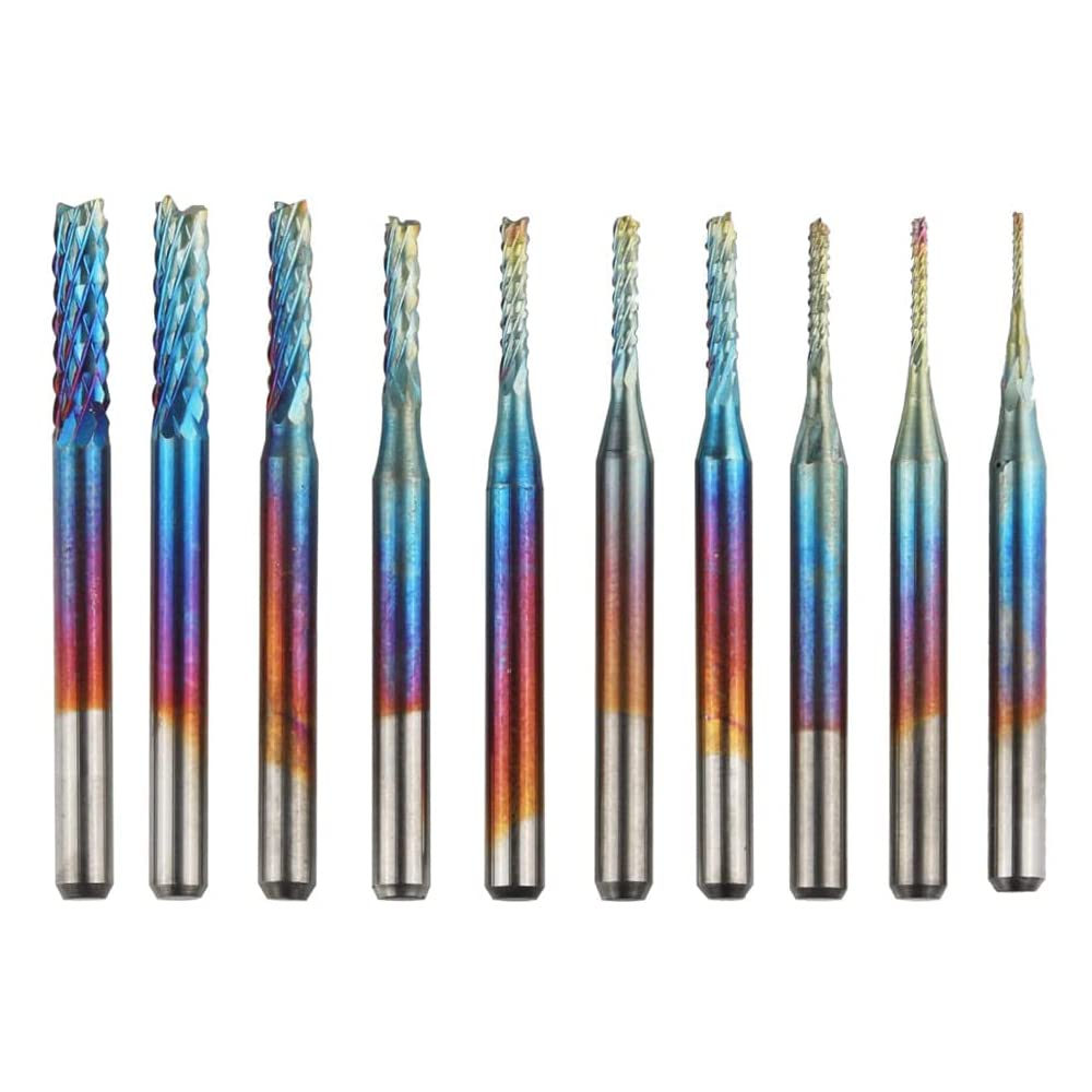 Bestgle 10 Pcs 1/8" Shank CNC Router Bits, Blue Coating Titanium Carbide End Mill Engraving Milling Cutting Tools for Wood, Plastic, Acrylic, PCB
