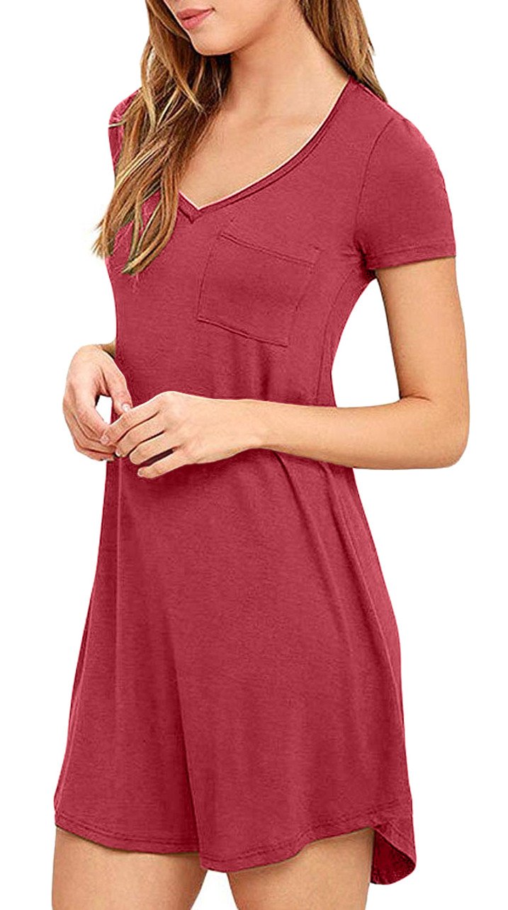 Eanklosco Womens Casual Short Sleeve Plain Pocket V Neck T Shirt Tunic Dress (Wine Red, XL)