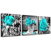 Canvas Wall Art For Bedroom Wall Decor For Living Room Black And White Wall Paintings Blue Rose Flowers Pictures Watercolor Giclee Canvas Prints Ready To Hang Room For Girls Home Decoration 3 Piece