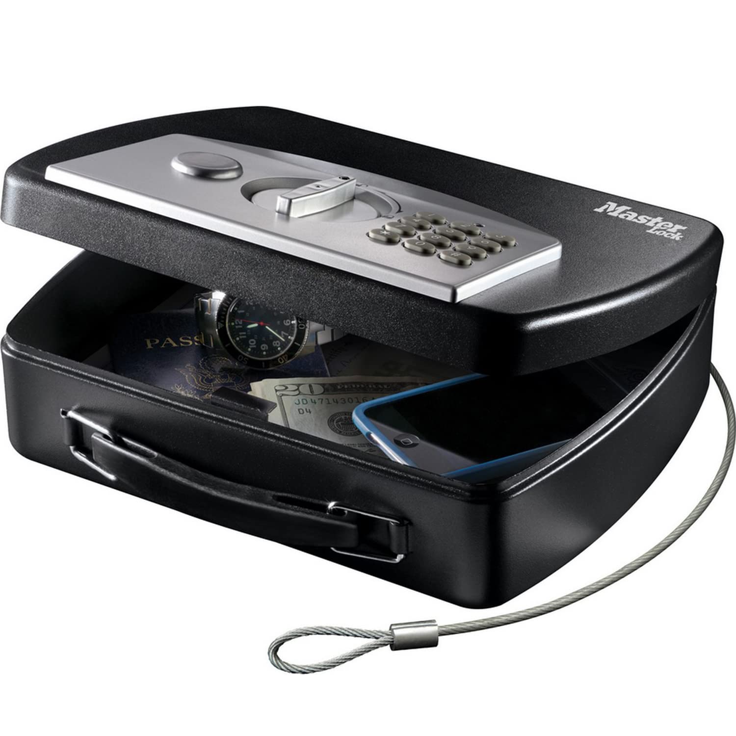 Master Lock P008EML Compact Portable Safe (Combination with Cable), Black/Grey