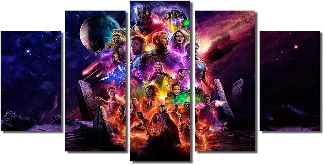 Picture Sensations® Framed Canvas Art Print, Avengers Endgame Iron Man Hulk Thor Captain America Thanos Carol Danvers Black Widow Nebula Hawkeye - 5 Panel 60"x32"