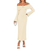 ZESICA Women's Fall Off Shoulder Sweater Dress 2025 Bell Long Sleeve Ribbed Knit Bodycon Formal Maxi Dresses