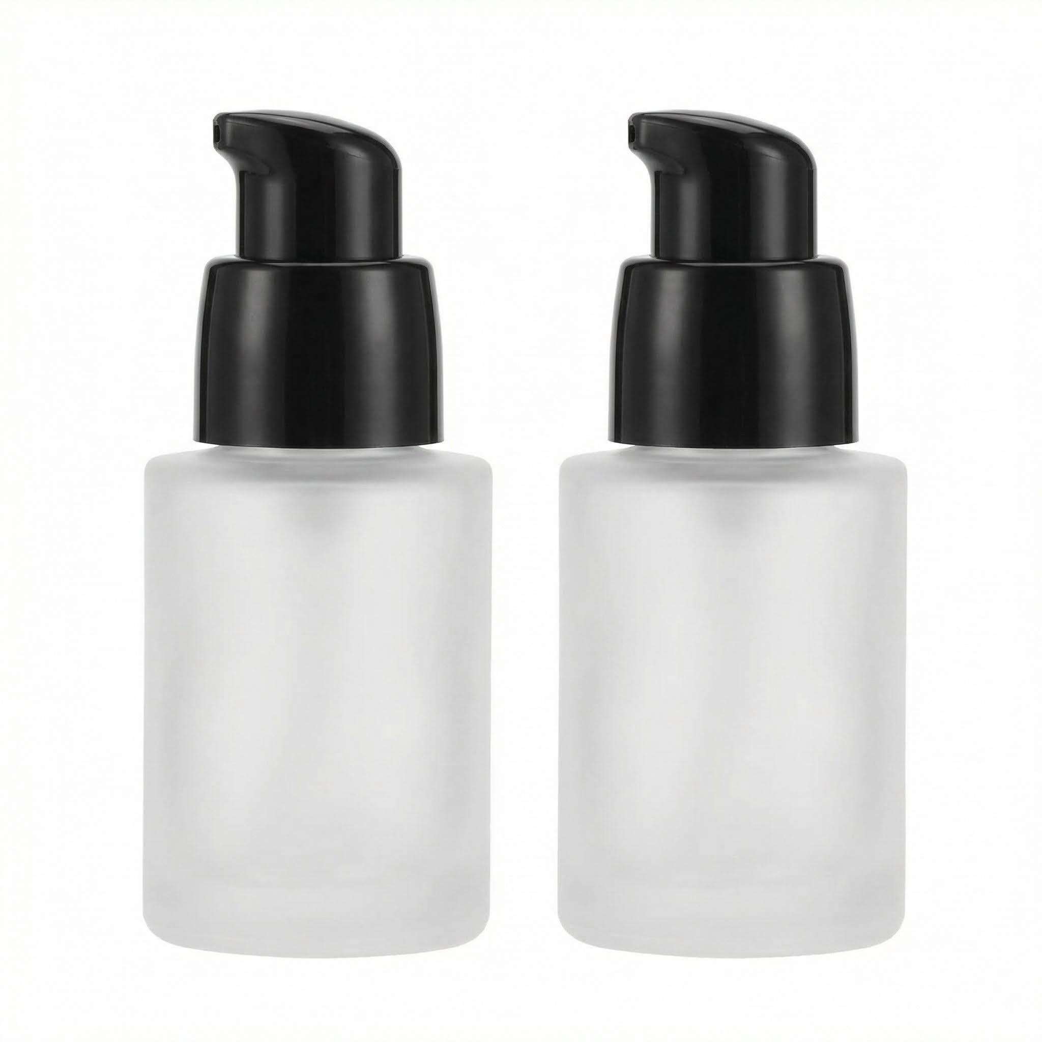 QUUPY 2PCS 30ml Empty Refillable Frosted Upscale Glass Pump Bottles Liquid Foundation Bottle Pressing Lotion Container Dispenser Vial Sample Case for Cosmetic Storage 1oz