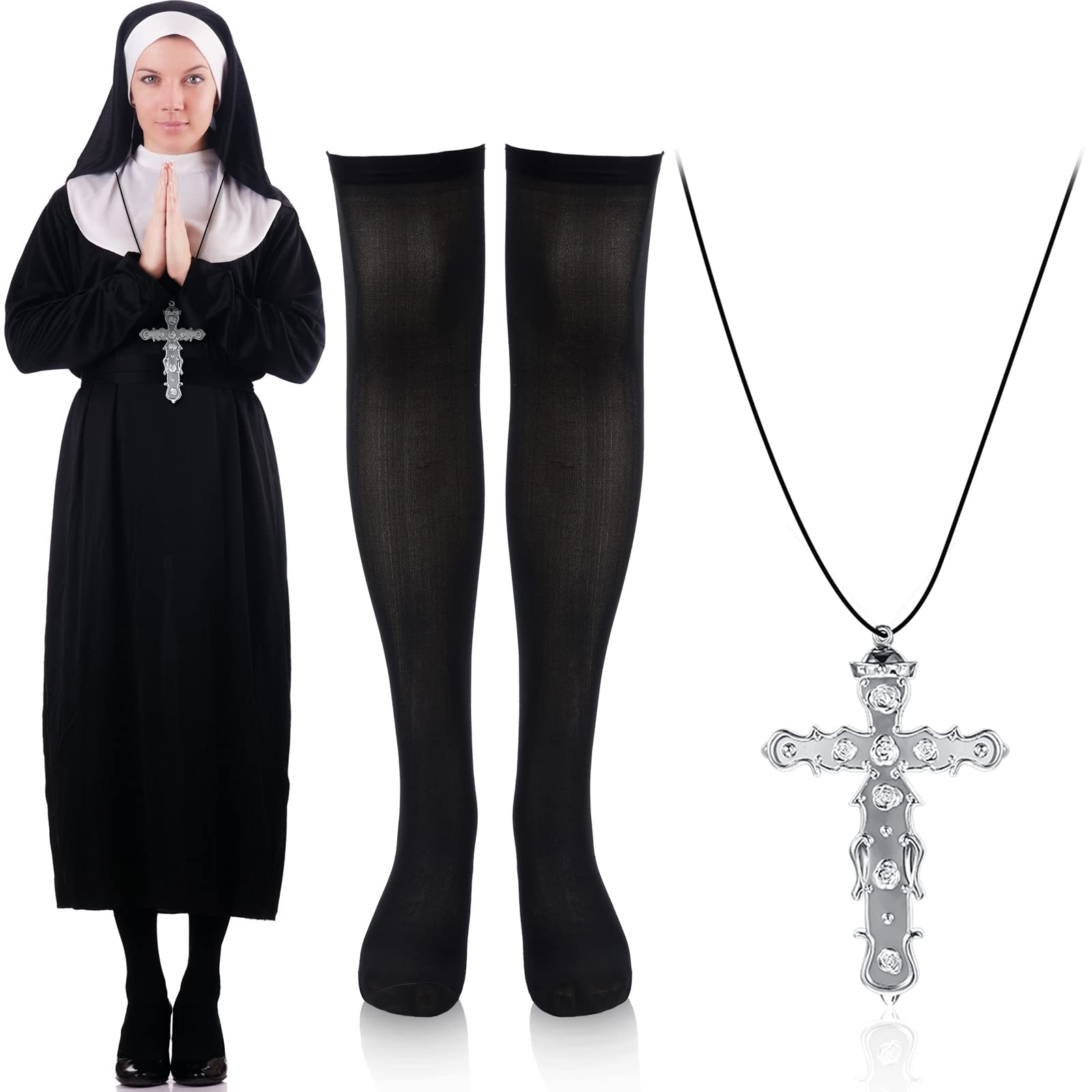 BBTO Halloween Nun Fancy Dress Costume Accessories with Pair Nun Knee High Black Stockings and Silver Crucifix Necklace Women Men Crucifix Pendant Socks, Not Include Dress, 18.9 inches