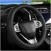 Bittwee Car Steering Wheel Cover, 15 Inch Diamond Checkered Design Leather Vehicle Steering Wheel Protector, Non-Slip Automotive Interior Accessories with Inner Ring, Universal Fit (Black)