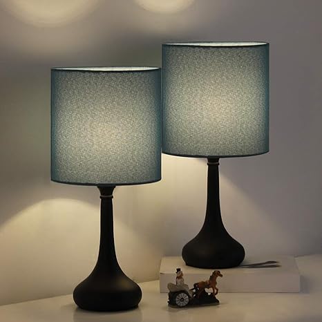Office With Metallic Base And Fabric Shade Modern Desk Lamp For Bedroom Dark Blue Nightstand Lamps