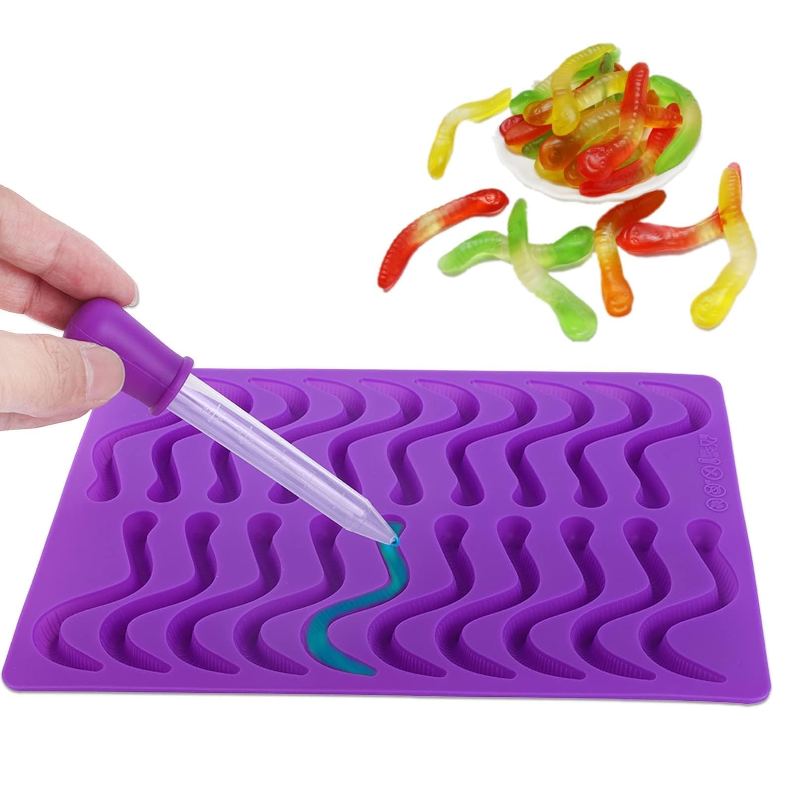 20 Cavity Silicone Gummy Bear Molds, Nonstick Gummy Chocolate Candy Worm Molds with Dropper Soap Cake Wax Making for Your Kids, 24.5 x 18 x 1cm