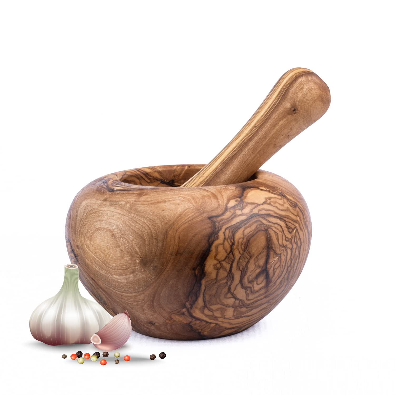 MOHA 24 Mortar with Pestle Made of Olive Wood, Herb Mortar, Handmade with Natural Rim, Kitchen Mortar, Wooden Mortar - Sustainable Herb and Spice Mortar (Diameter 12 cm), MZ10