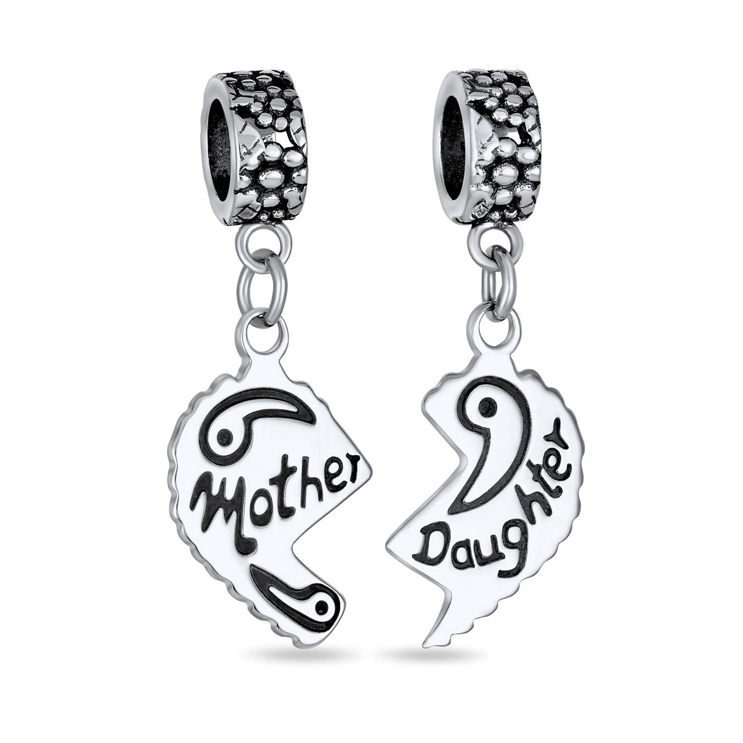 Bling Jewelry Engrave Mother Daughter Puzzle 2 Piece Split Heart Sisters Bead Charm For Mom .925 Sterling Silver Fit European Bracelet