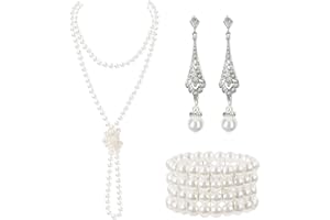 GHGMAO 1920s Pearl Jewelry Set - Long Pearl Necklace, Earring Set, Multilayer Bracelet - Flapper Accessories for Women