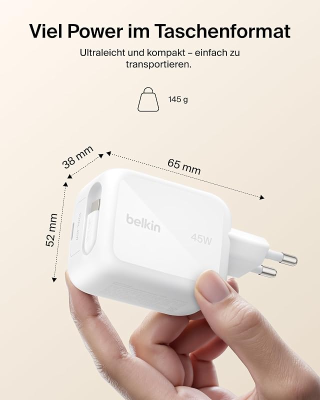USB C Ladegerät 45W mit Einziehbarem 0,8 m USB-C-Kabel und USB-C-Anschluss, Netzteil, iPhone Schnellladegerät für iPhone-Serie 17 und 16, Galaxy S26-Serie, AirPods, Tablets, MacBook, Laptops
