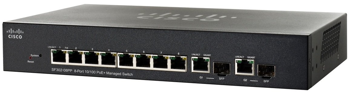 CISCO SYSTEMS SF302-08PP-K9-UK Cisco Small Business SF302-08PP - Switch - L3 - Managed - 8 x 10/100 (PoE+) + 2 x combo Gigabit SFP - desktop rack-mountable - PoE+ - (Enterprise Computing > Switches &