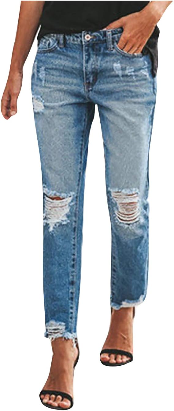 Amlousser Jeans Damen Jeanshosen Niedrige Taille Zerrissene Destroyed Jeans Hose mit Löchern