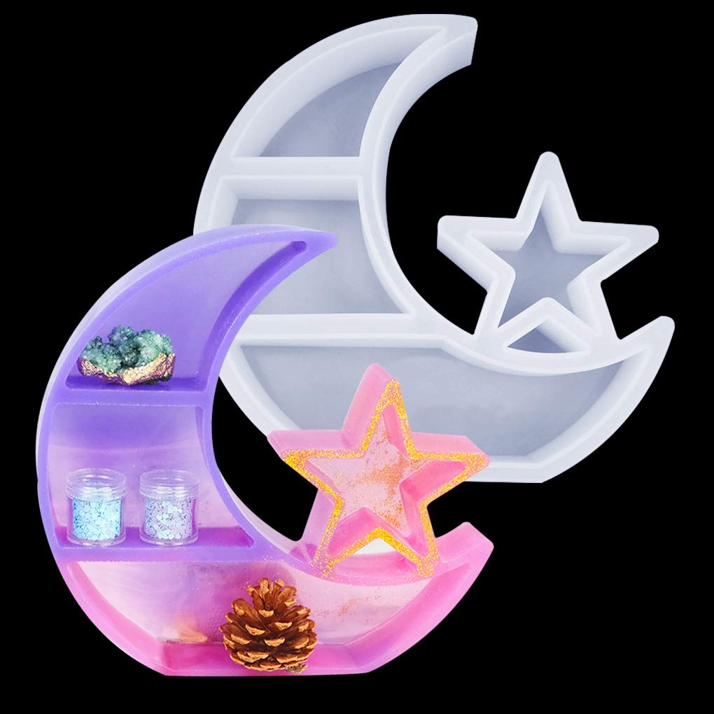 FineInno Moon & Star Dish Resin Mold, Epoxy Casting Silicone Mould, Jewellery Trinket Storage Tray Holder, Soap Display Dish Making Mold