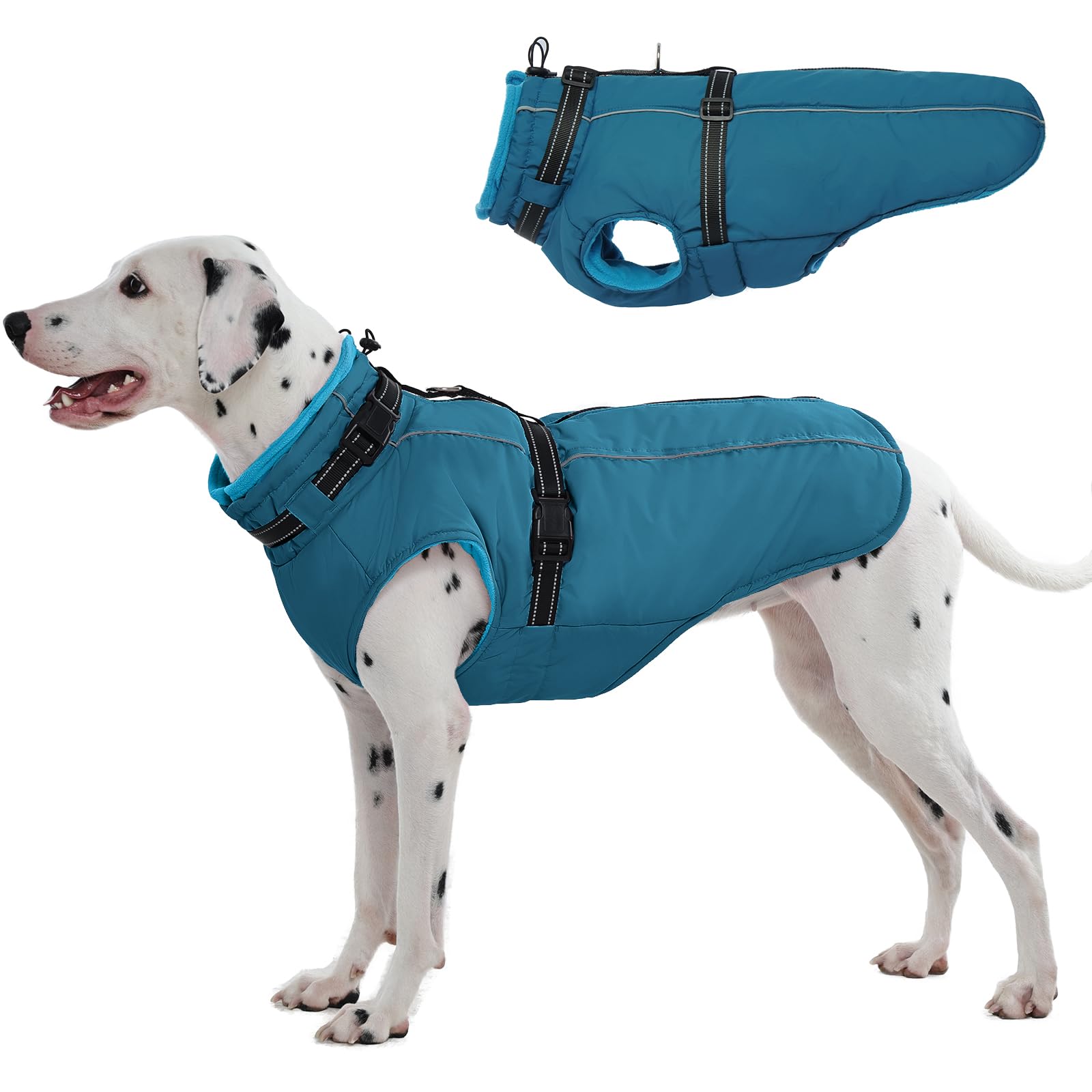 Lelepet Large Dog Coat With Harness - Warm Waterproof Fleece Jacket, Winter Reflective Vest Snow Suit for French Bulldog, Blue L